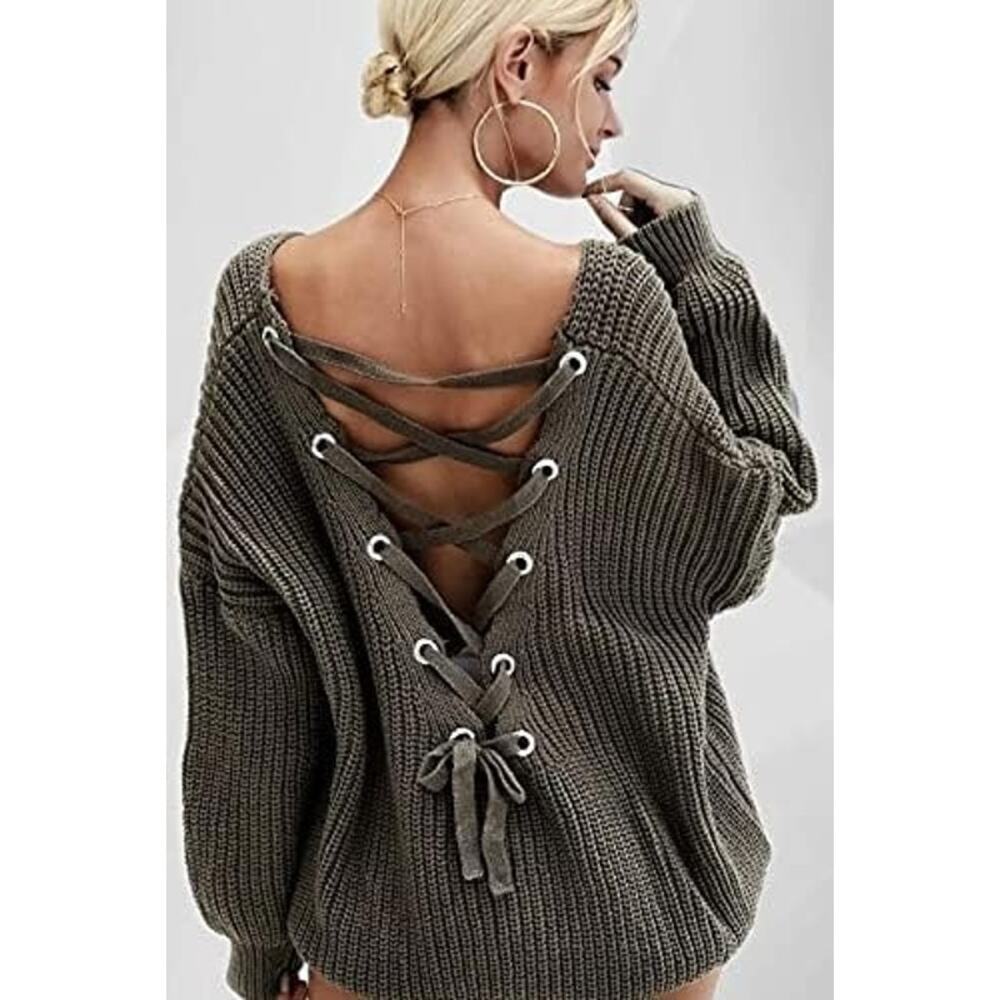 Oversized Lace Up Knit Pullover Sweater XL